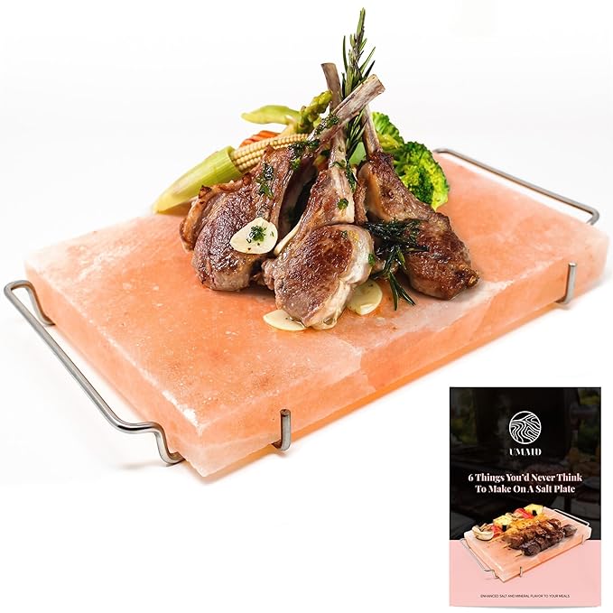 Grilled lamb with vegetables on salt plate