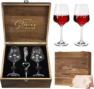 Wine glasses set in wooden box