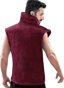 Man wearing sleeveless maroon jacket