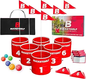 Outdoor golf bucket game with flags