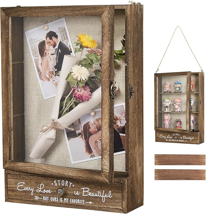 Romantic shadow box decor with keepsakes