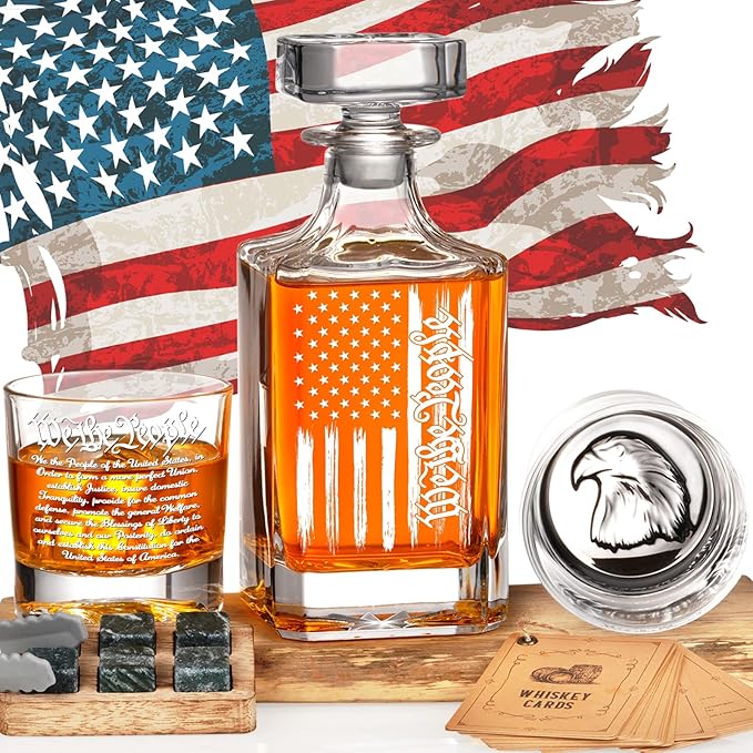 Whiskey set with American flag backdrop