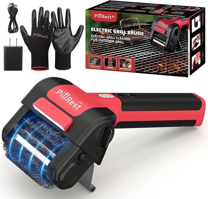 Red electric grill brush and packaging