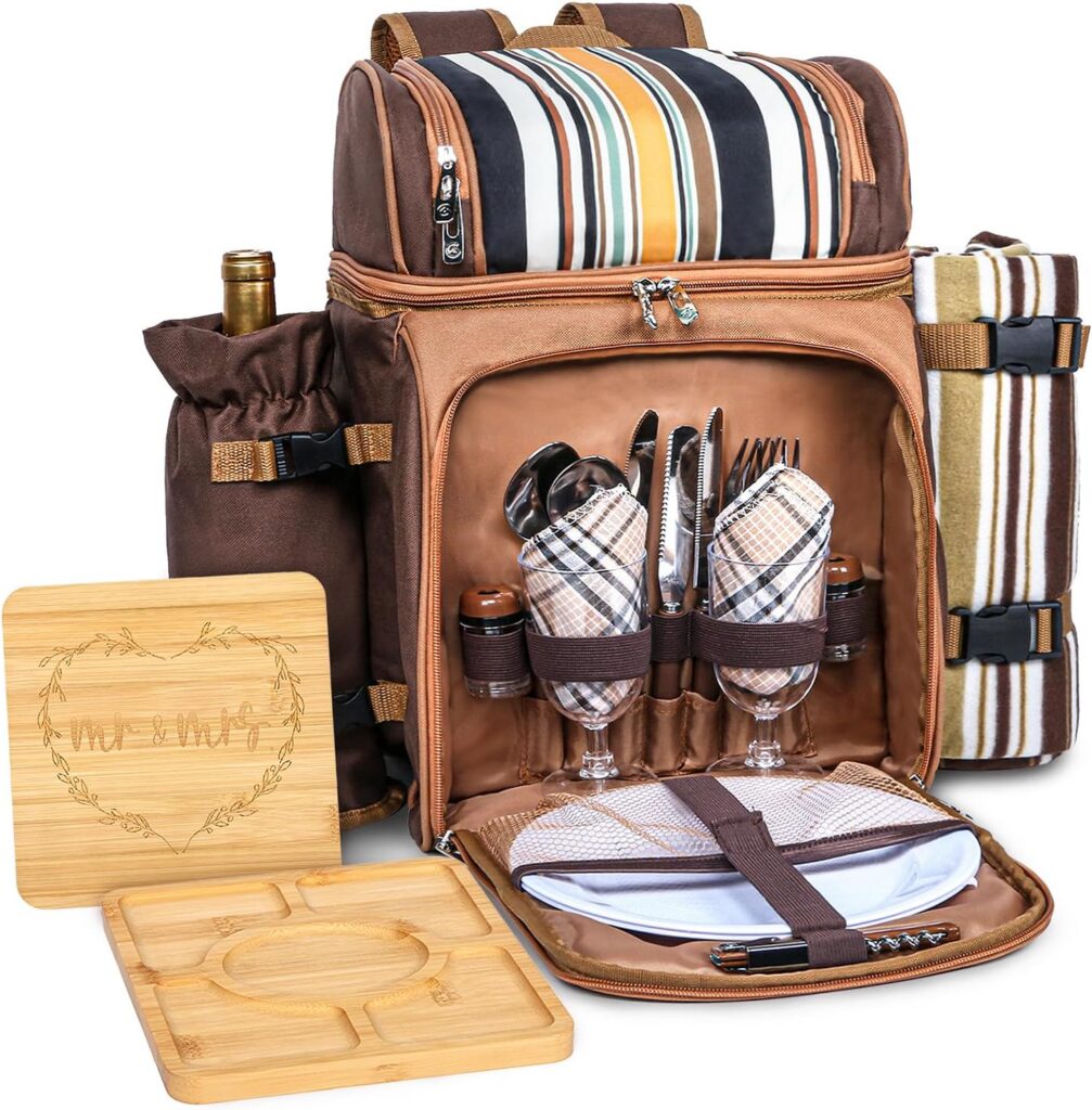Picnic backpack with accessories displayed
