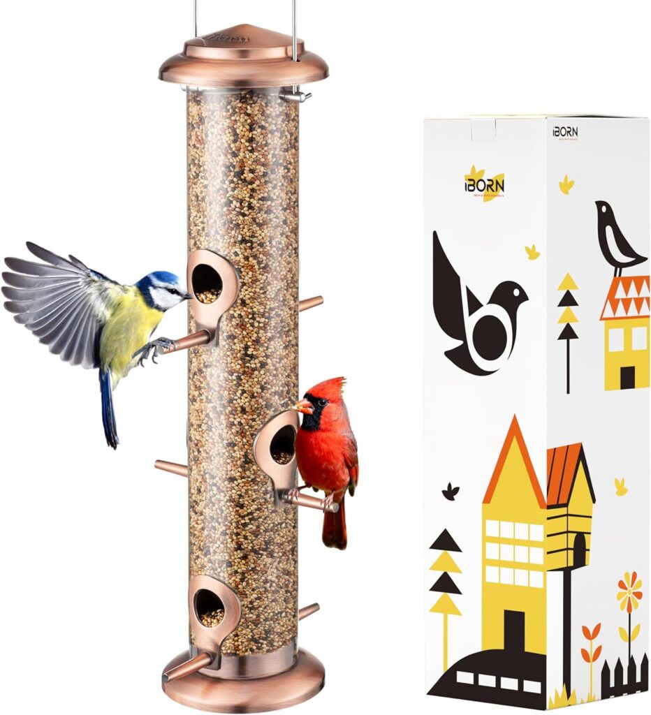 Birds feeding on a tube bird feeder