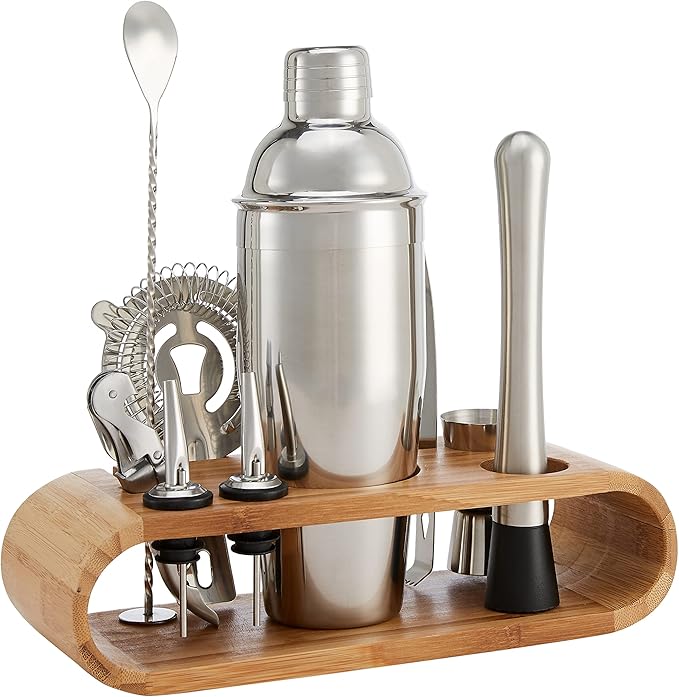 Cocktail shaker set with wooden stand