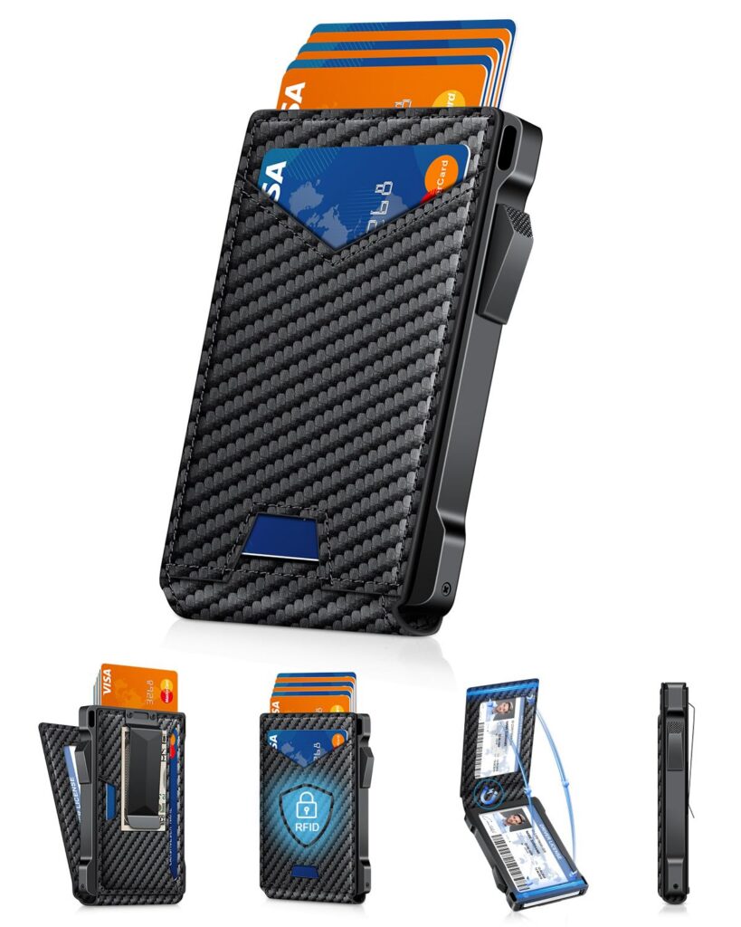 Carbon fiber wallet with multiple card slots.