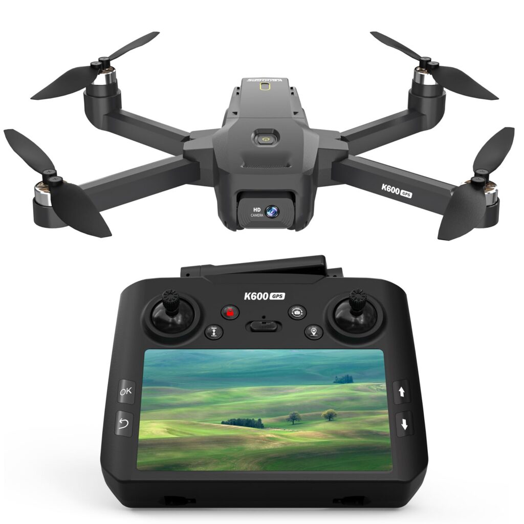Drone with controller displaying landscape view.