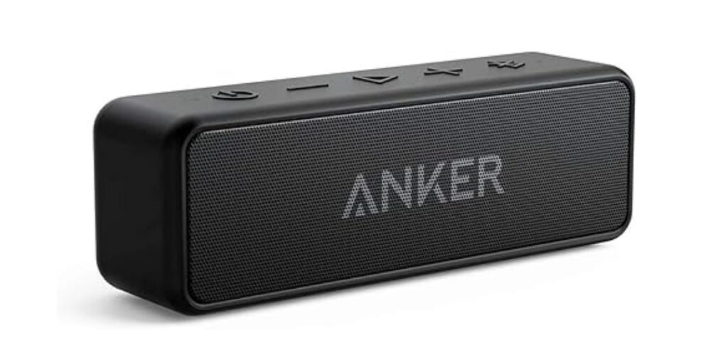 Black Anker portable Bluetooth speaker, front view.