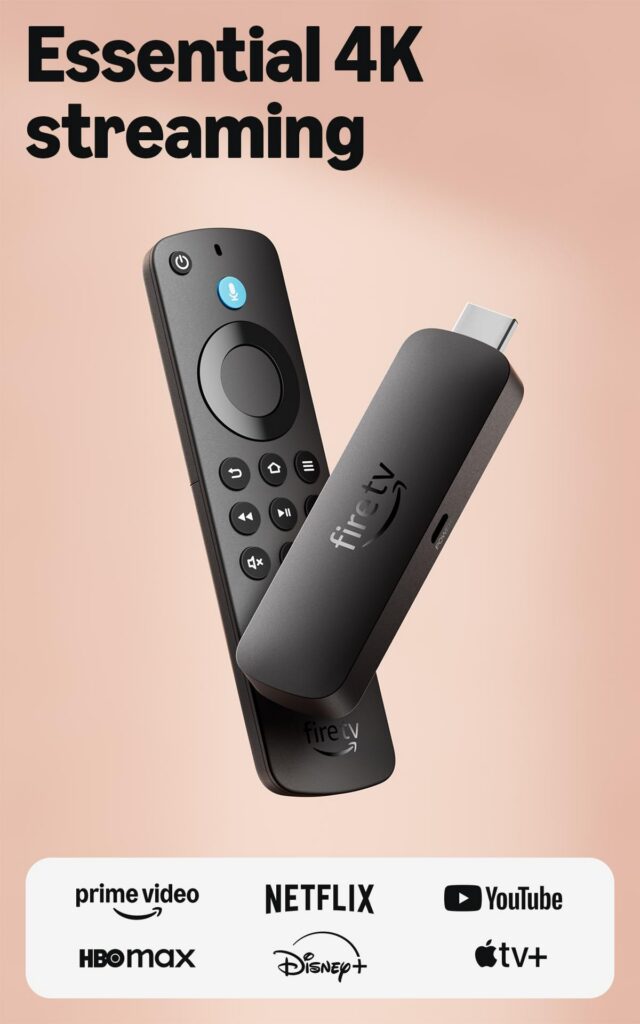 4K streaming device and remote with logos.