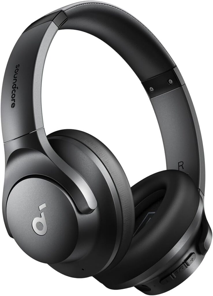 Black wireless over-ear headphones on white background.