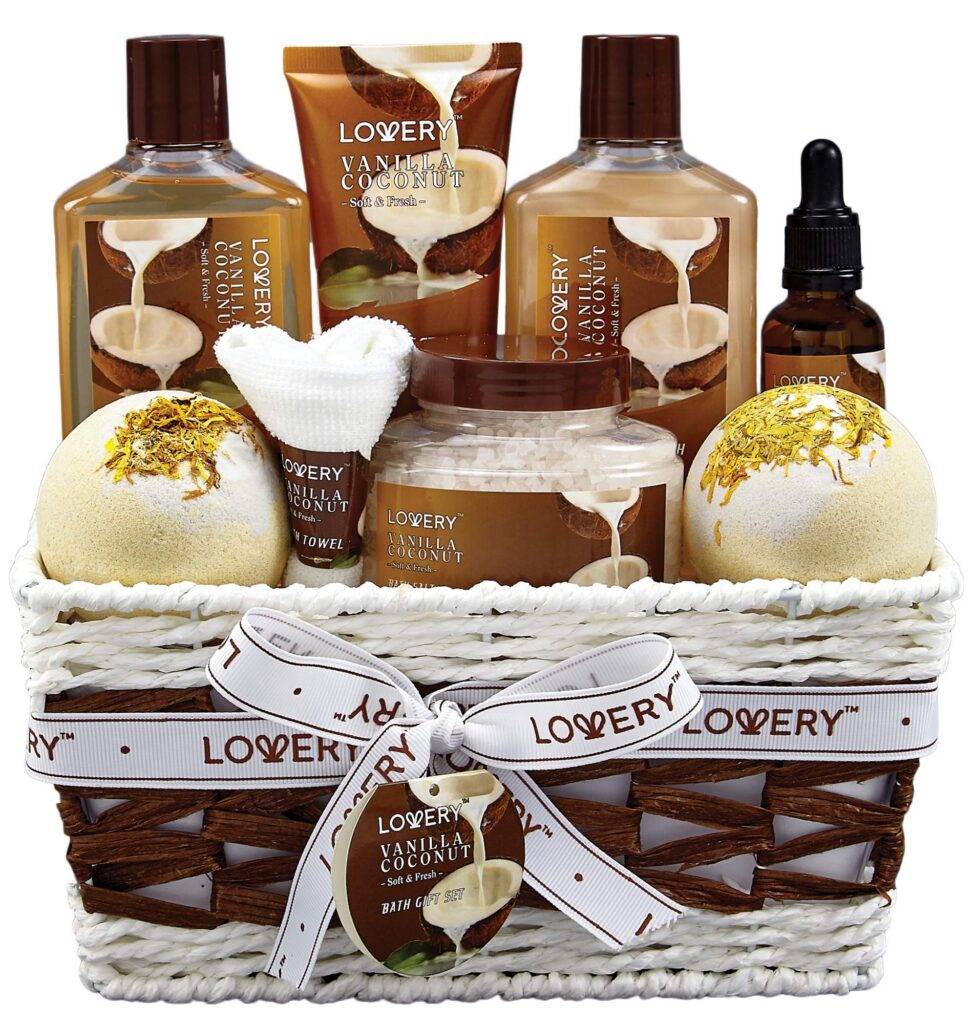 Vanilla coconut bath set in woven basket.