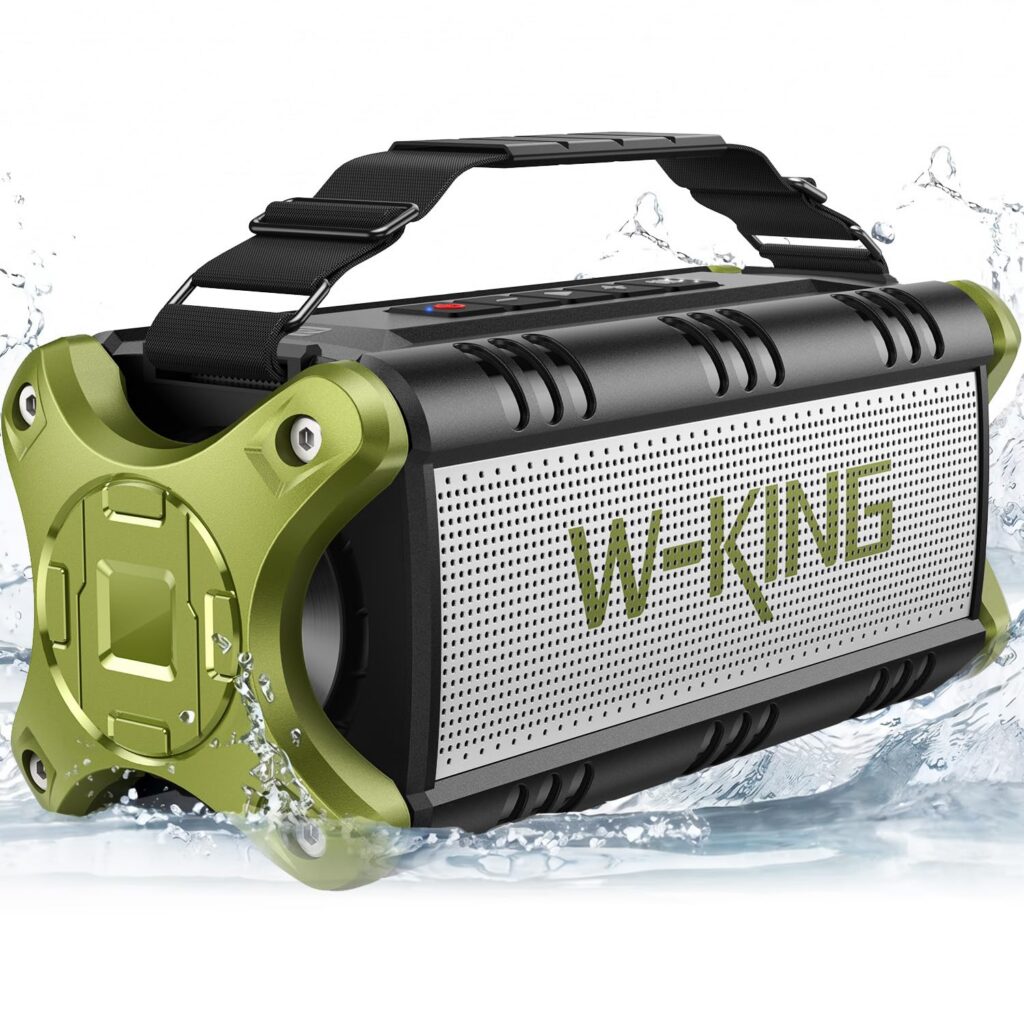Waterproof portable speaker with green accents.