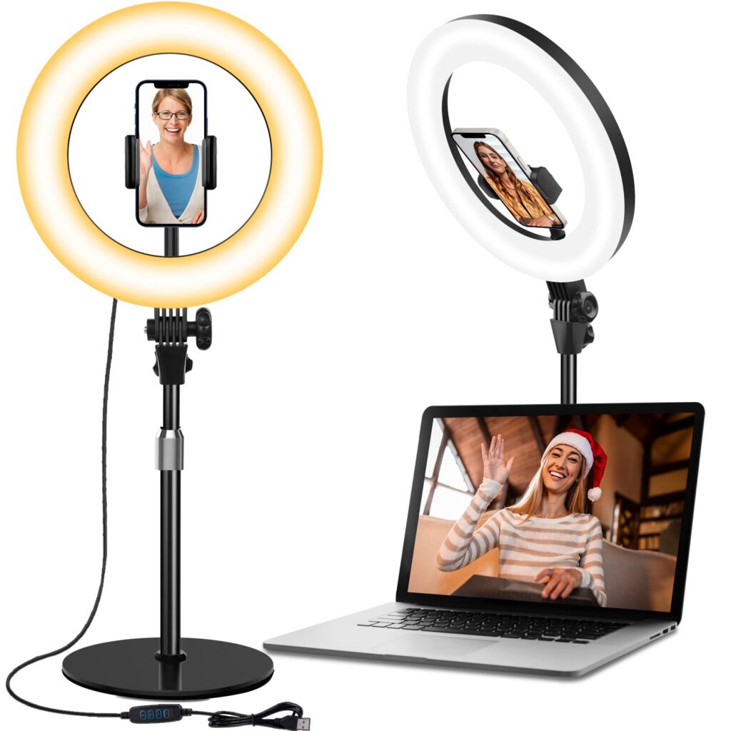 Ring lights with phone and laptop setup.