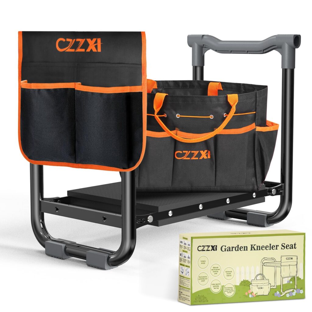 Garden kneeler seat with tool pockets.