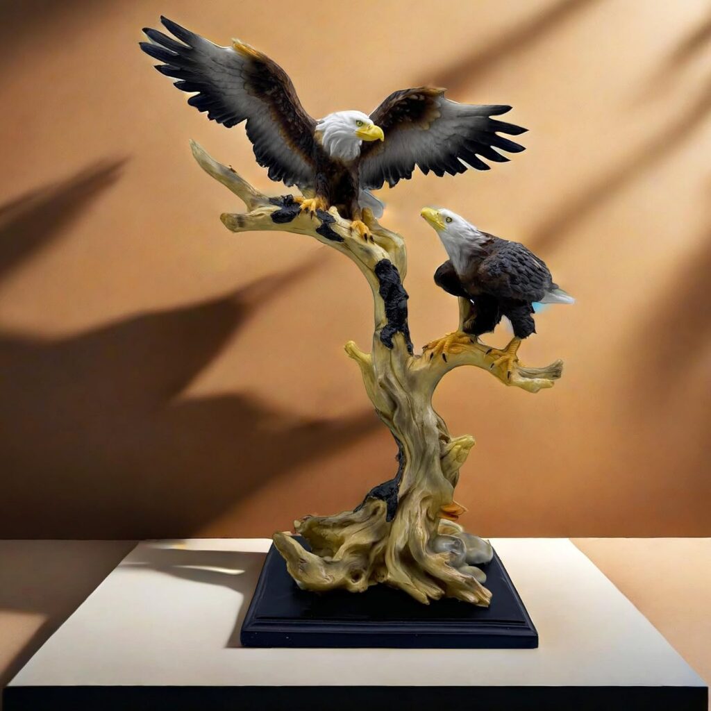 Eagle sculptures on a wooden base.