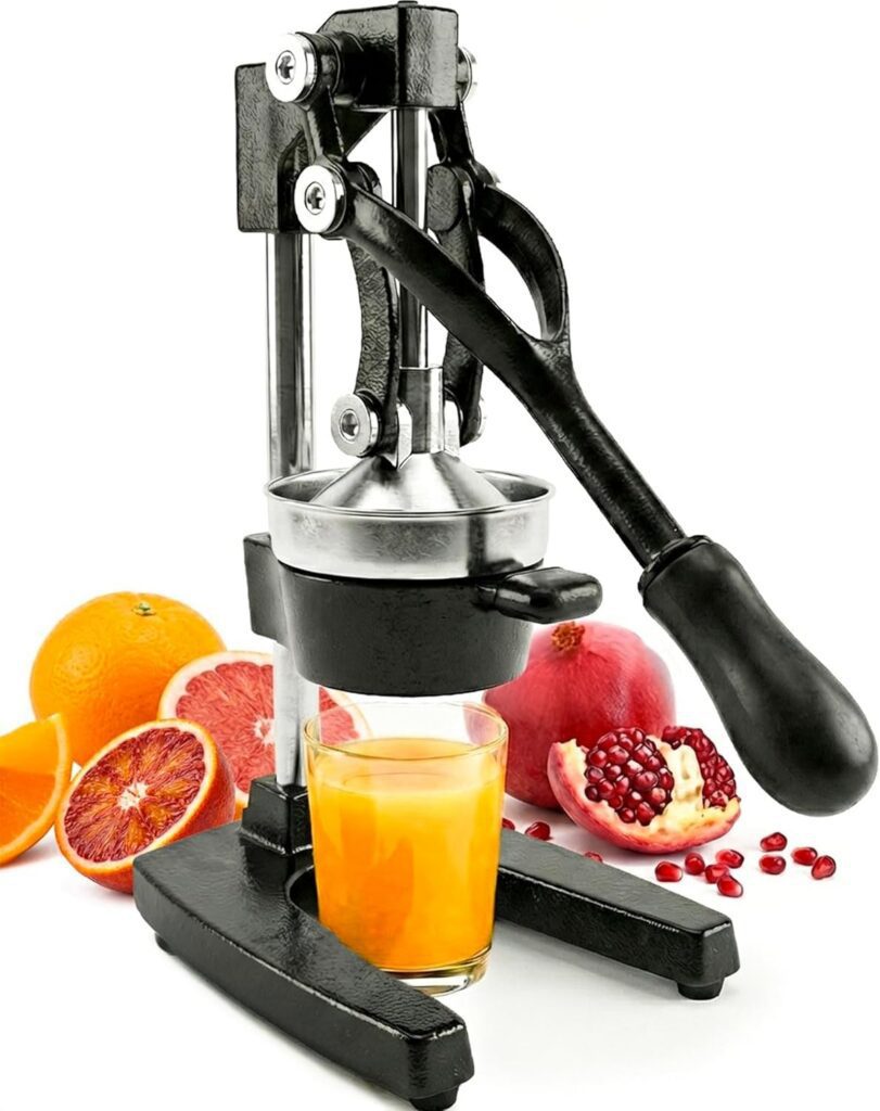 Manual juicer with assorted fruits and juice.