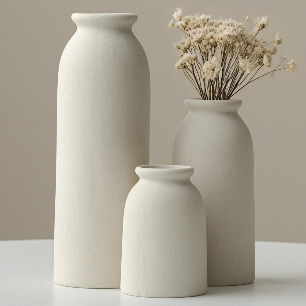 Three ceramic vases with dried flowers.