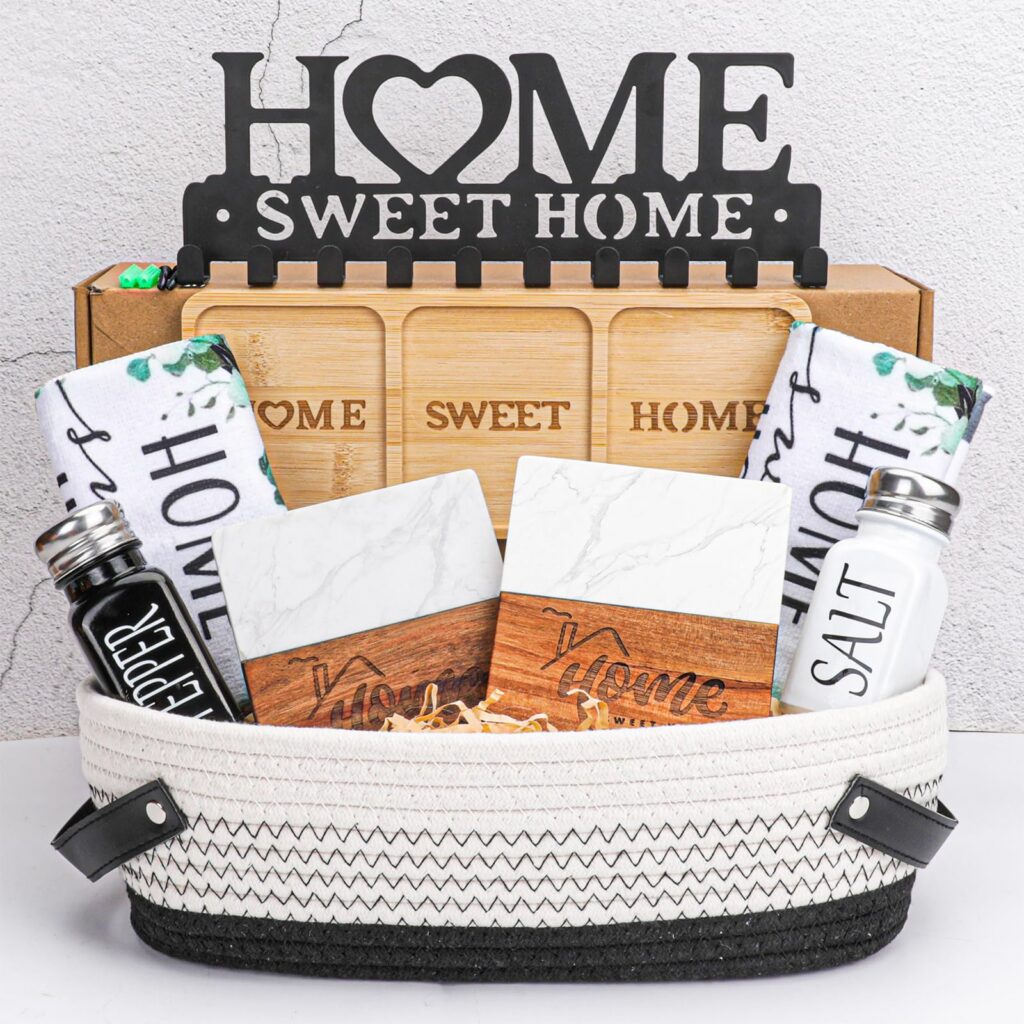 Home decor gift basket with kitchen items.