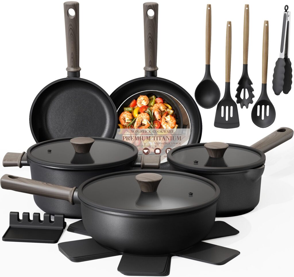 Cookware set with utensils and pans.