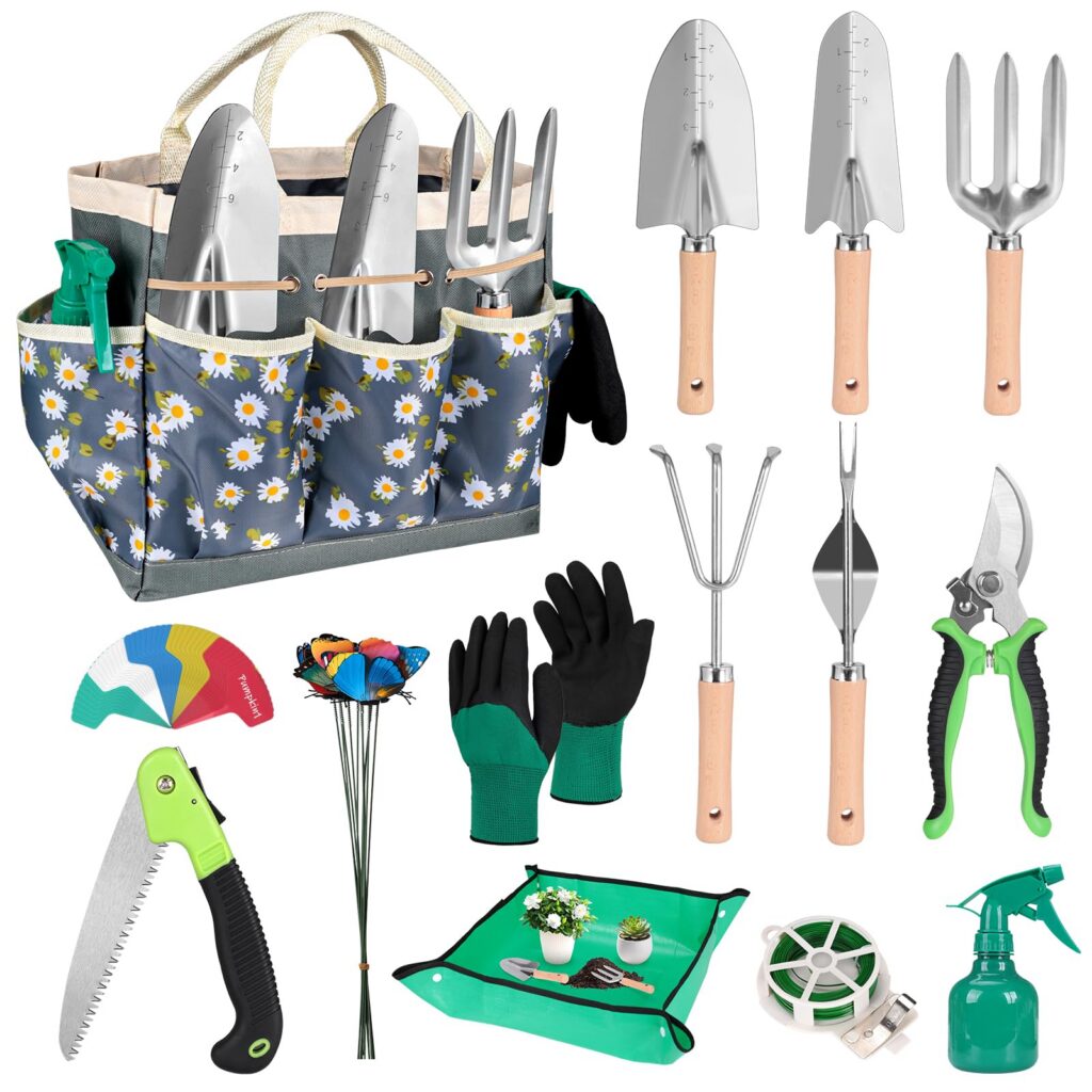 Gardening tools set with floral tote bag.