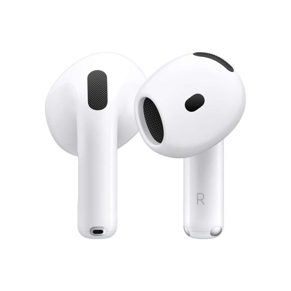 White wireless earbuds on white background.