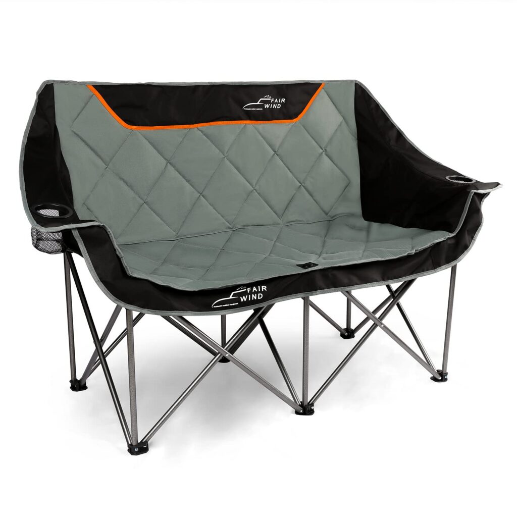 Foldable camping loveseat with metal frame.