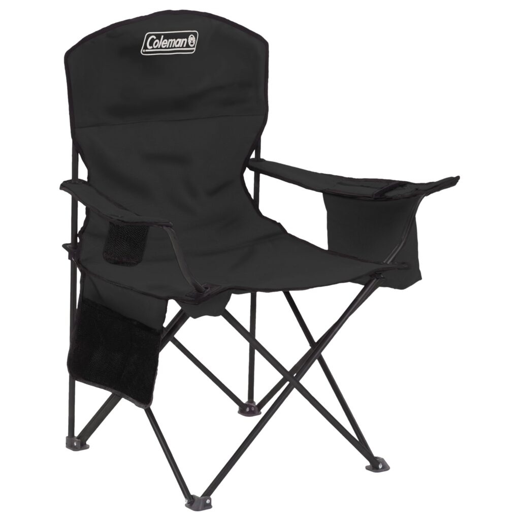 Black portable folding camping chair with armrests.