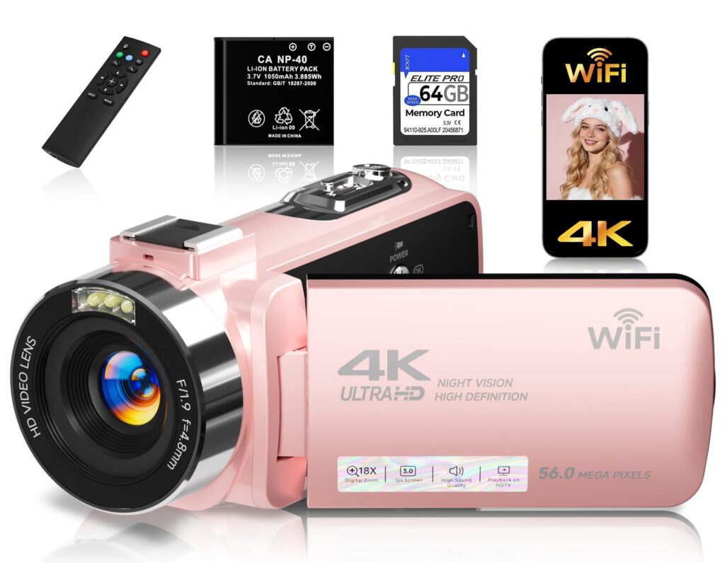 Pink 4K camcorder with accessories and WiFi.