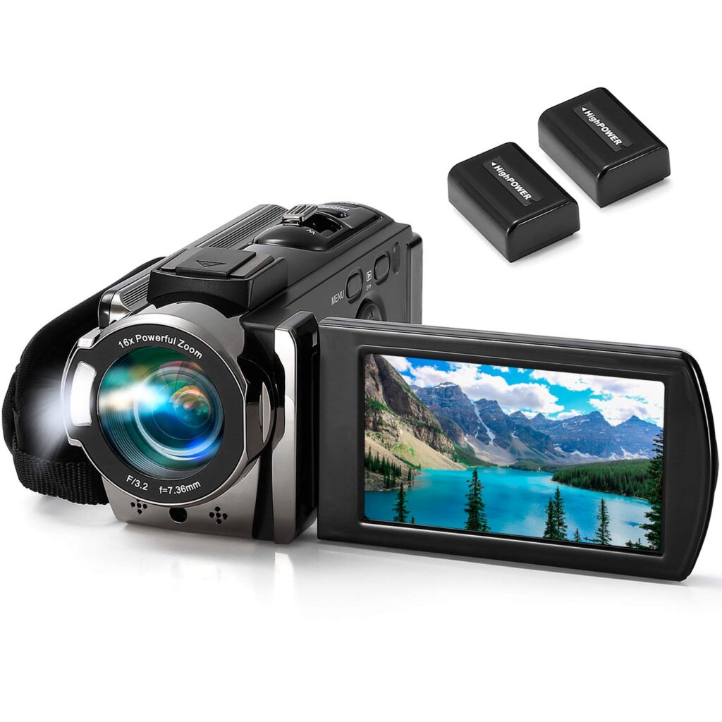 Digital camcorder with batteries and landscape display.