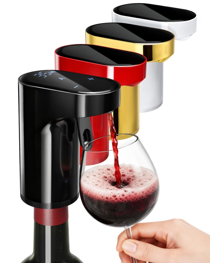Electric wine aerator pouring into glass.