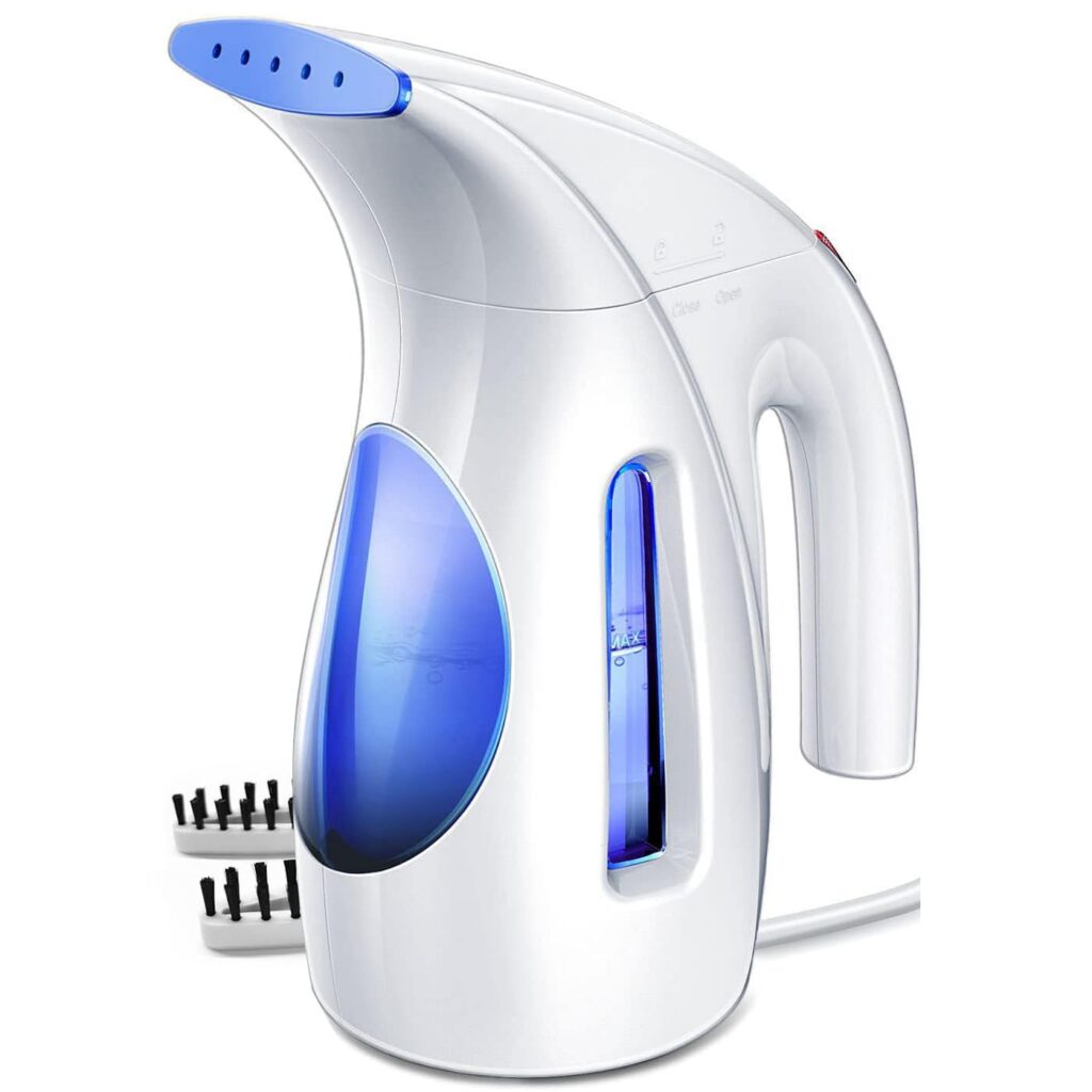 White handheld fabric steamer with blue accents.