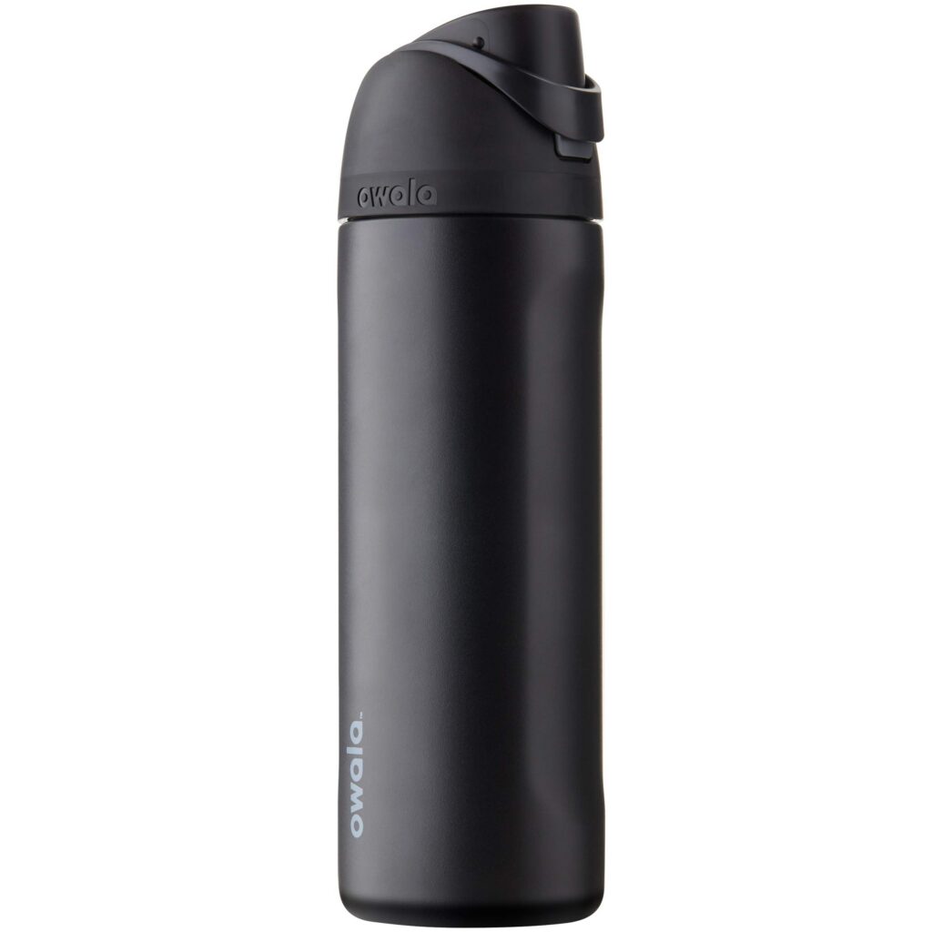Black insulated water bottle with flip lid.