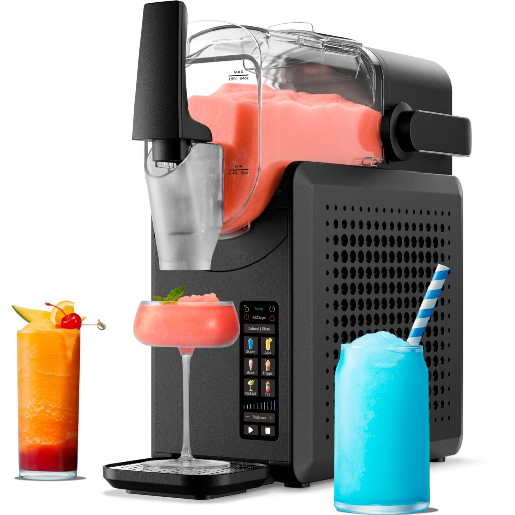Slushy machine with colorful drinks displayed.