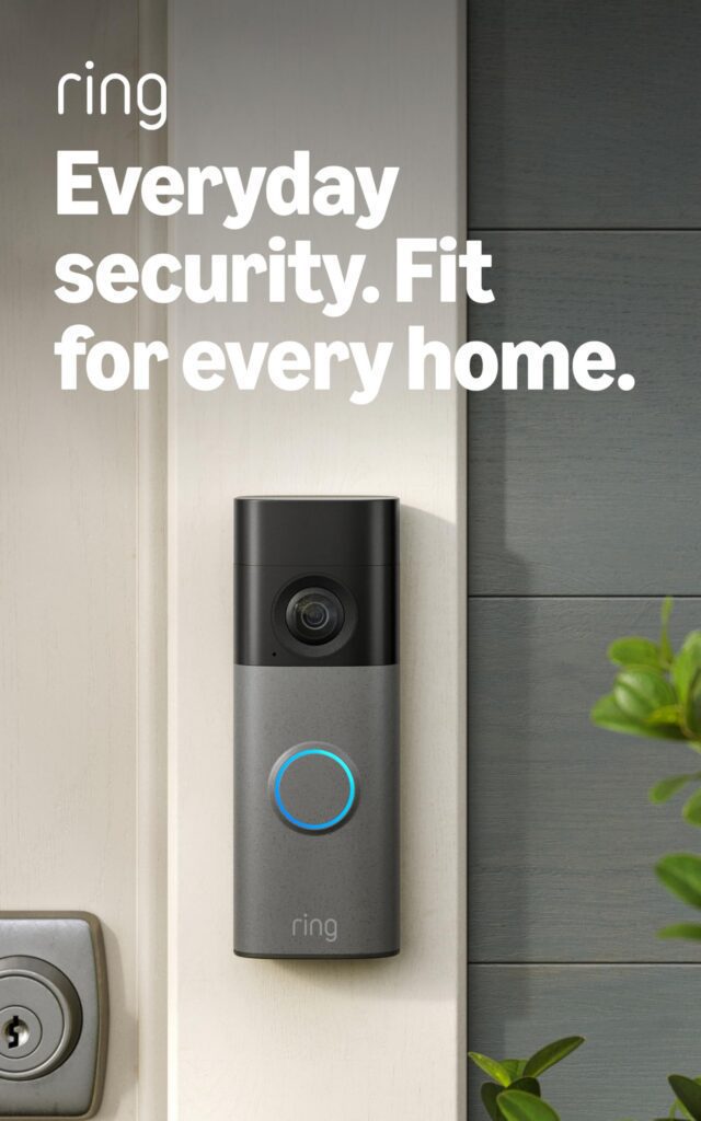 Ring doorbell with security slogan on wall.