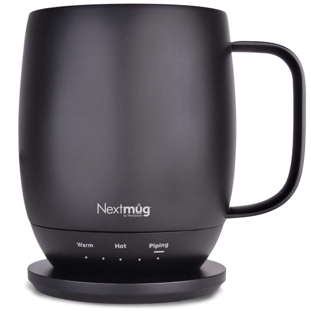 Black temperature-controlled mug with handle.