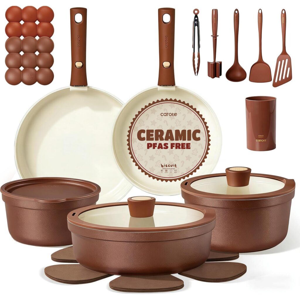 Brown ceramic cookware set with utensils.
