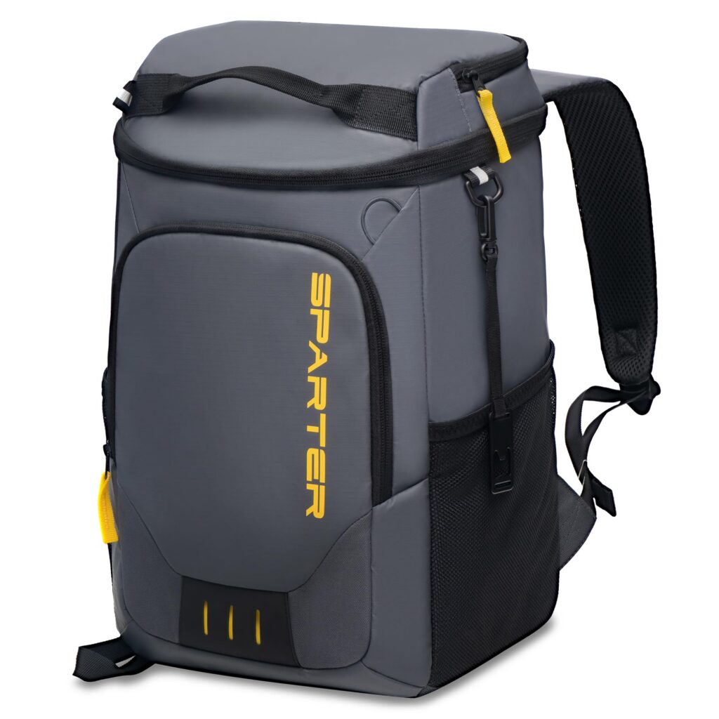 Gray backpack cooler with black and yellow accents.