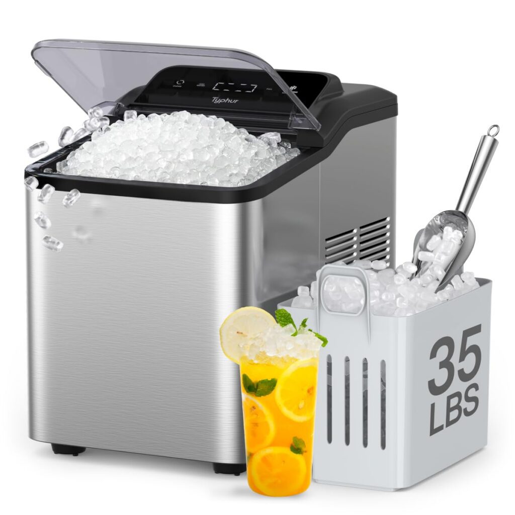 Ice maker with ice bucket and drink.