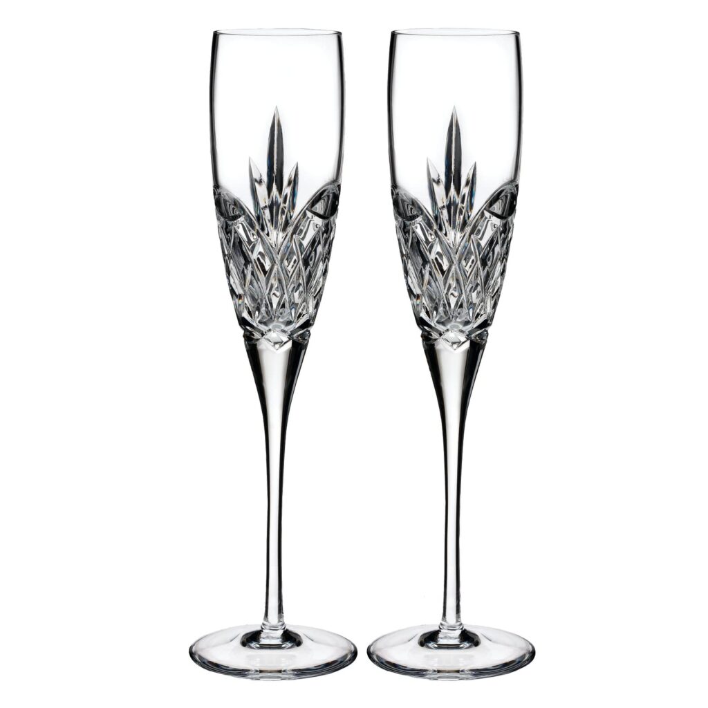 Two elegant crystal champagne flutes.