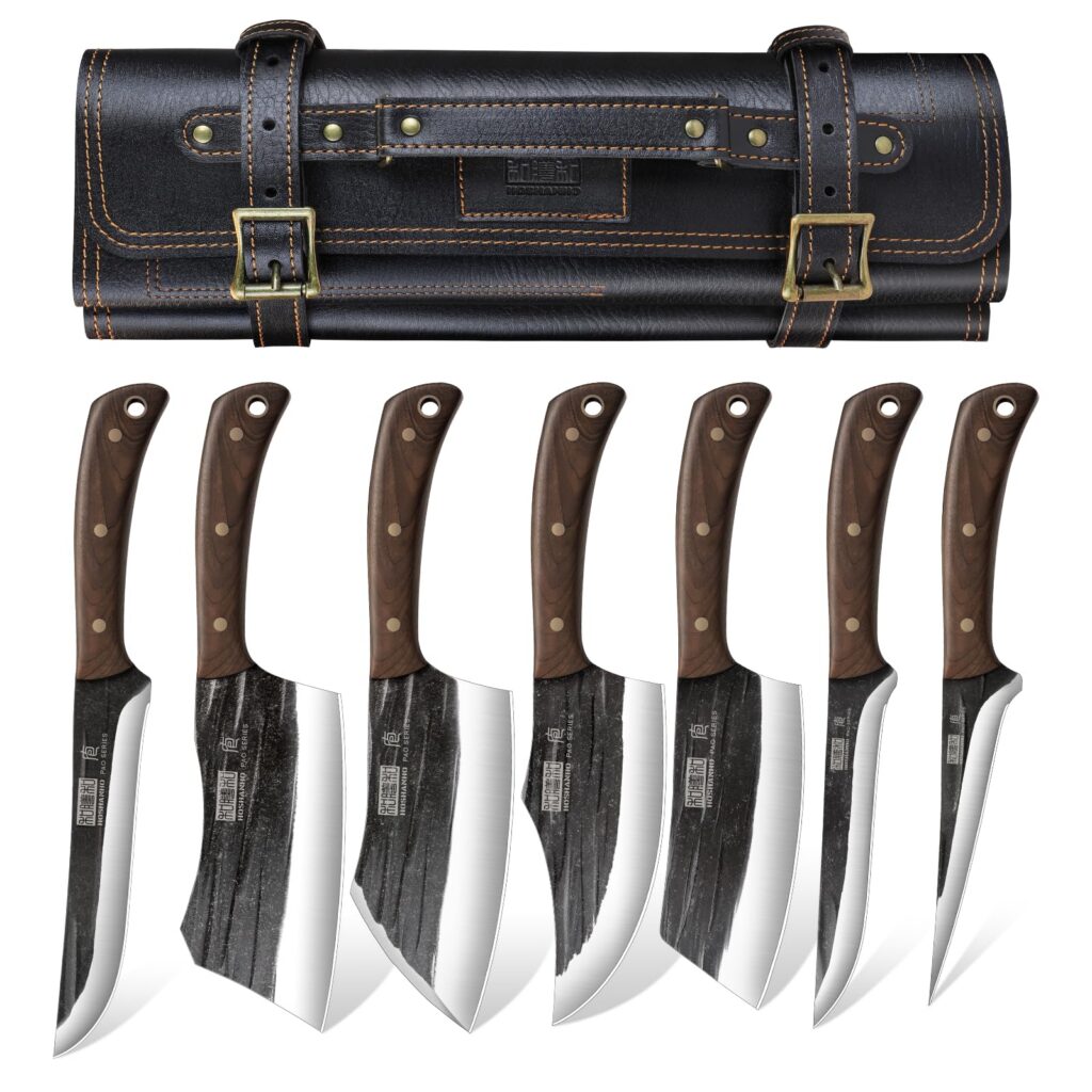Knife set with leather carrying case.