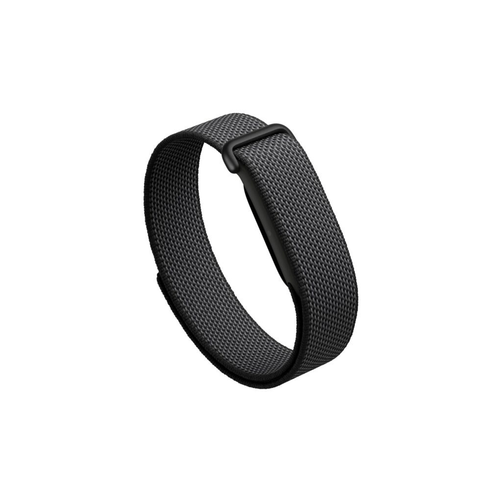 Black woven smartwatch band on white background.