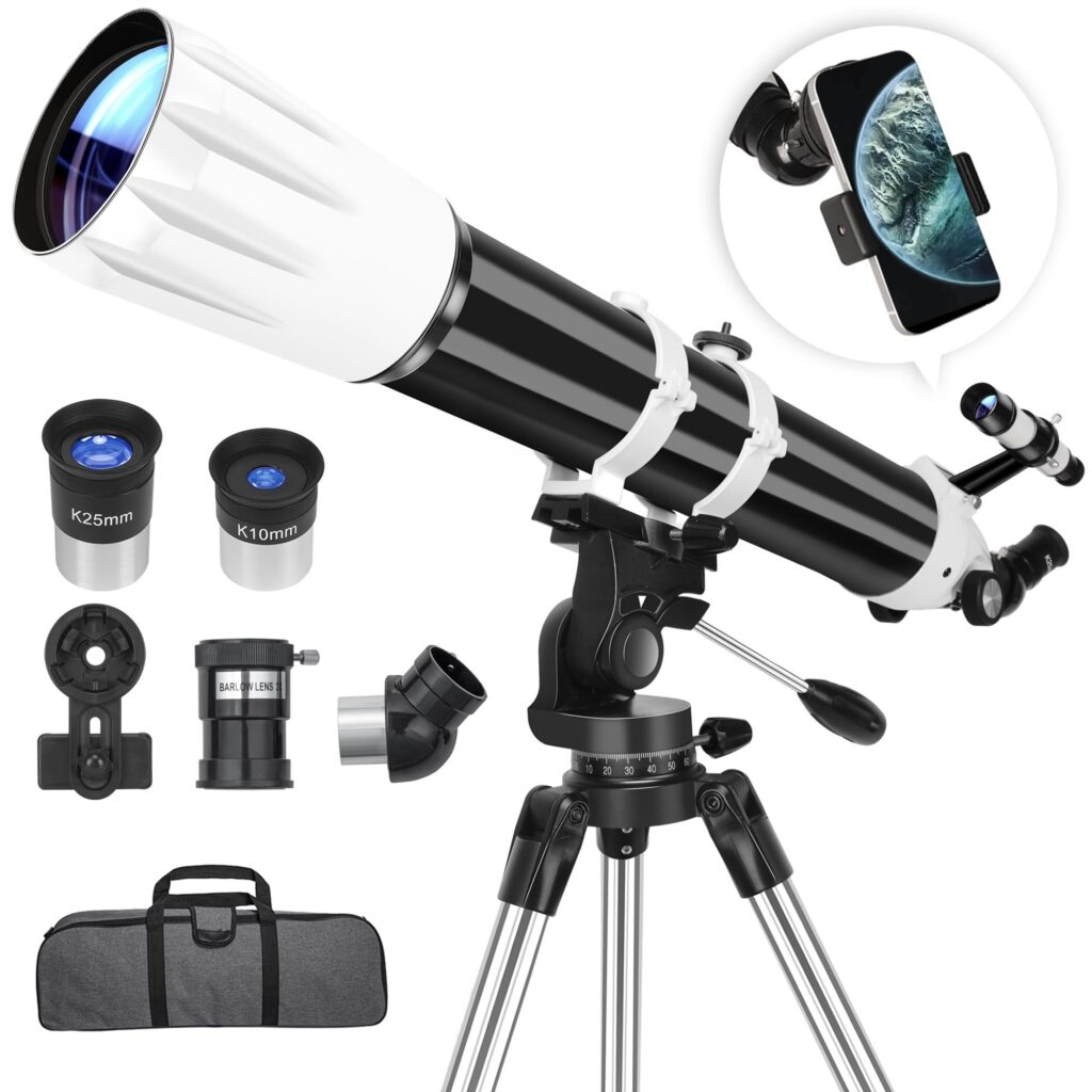 Telescope with accessories and smartphone holder.