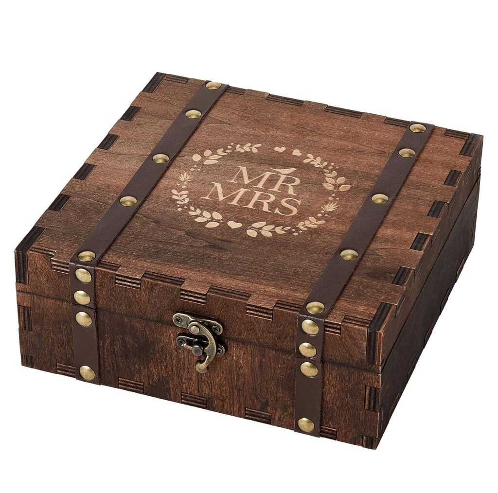 Wooden box with "Mr & Mrs" engraving.