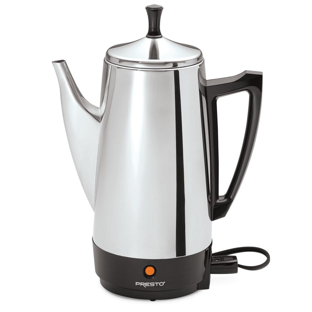 Electric coffee percolator with black handle.