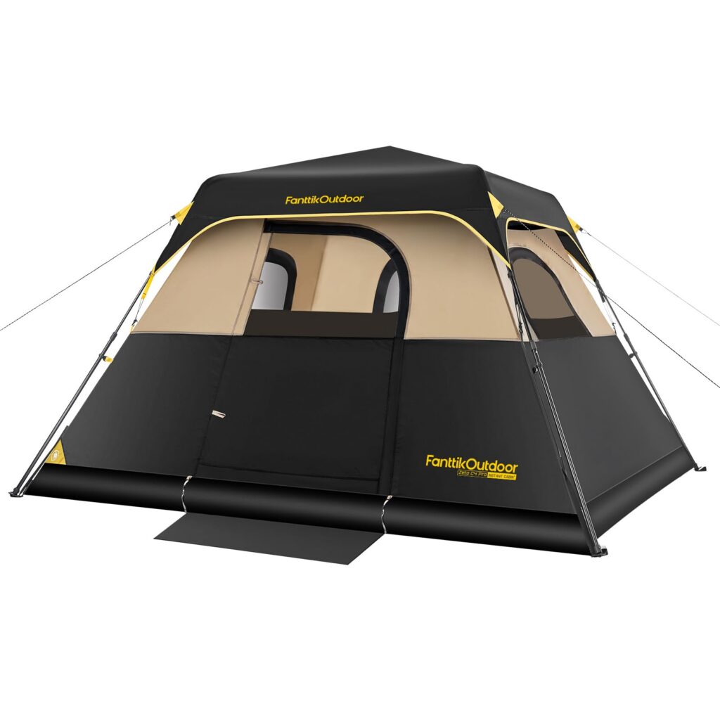 Black and tan tent with logo.