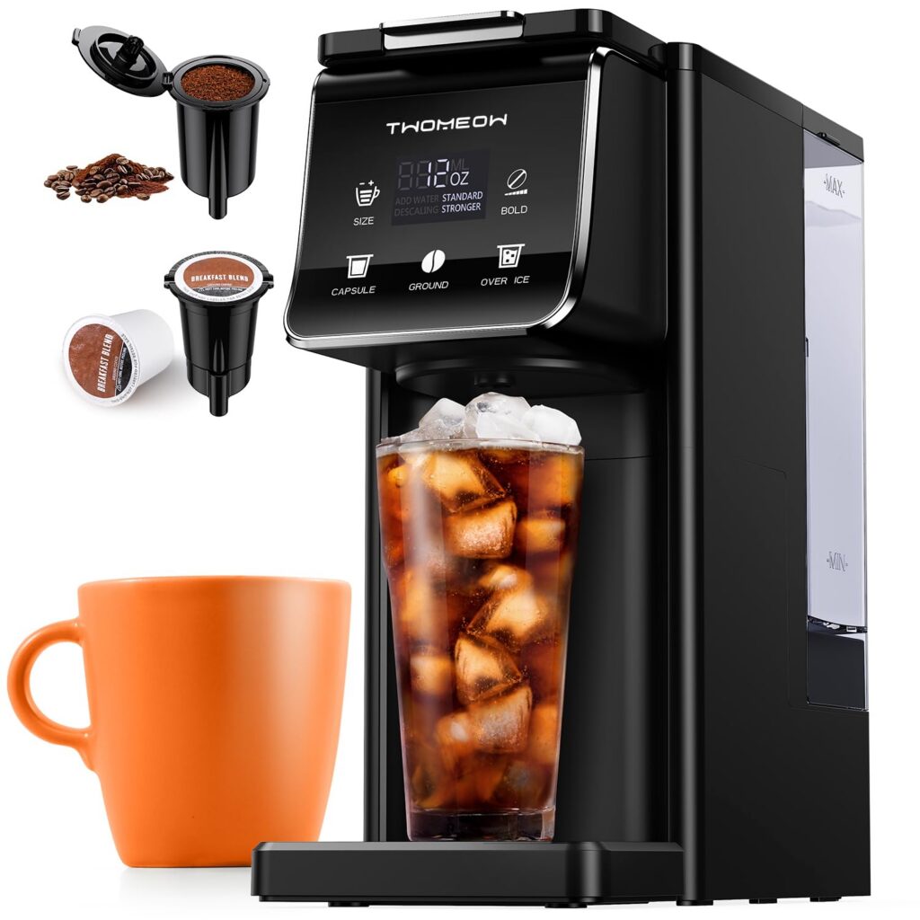 Coffee maker with iced coffee and mug.