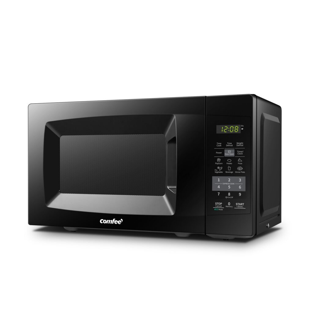 Black microwave oven with digital display.