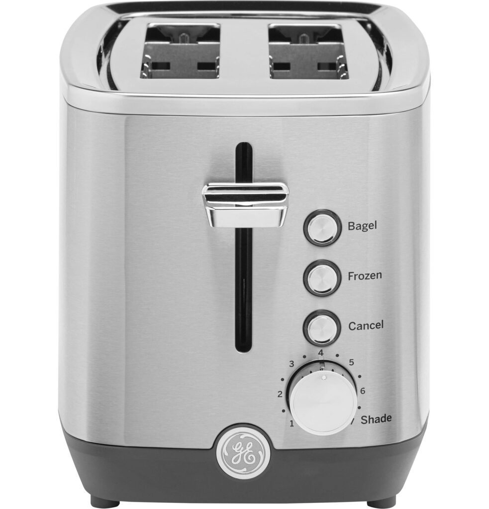 Stainless steel toaster with control buttons.