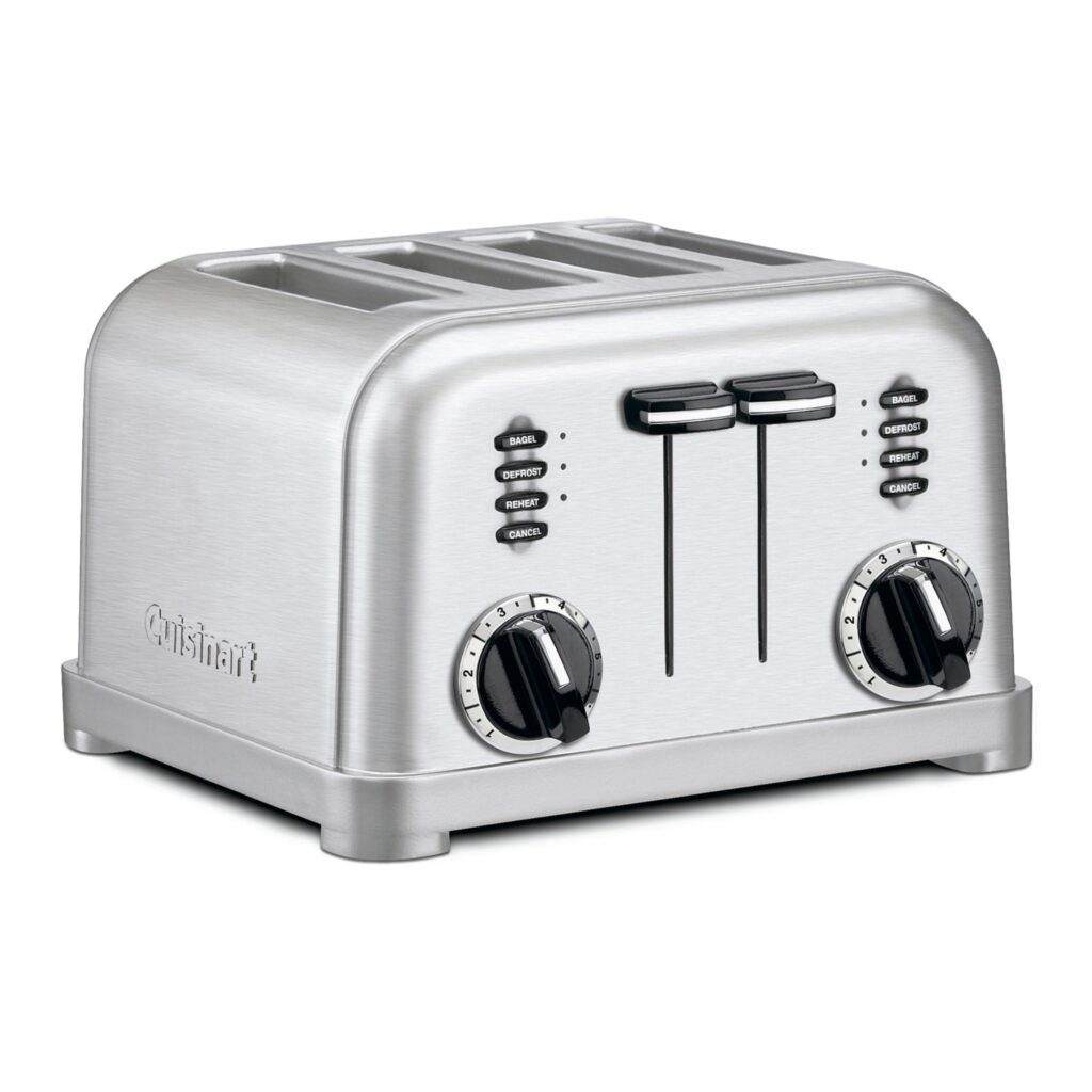 Four-slot stainless steel toaster with controls.